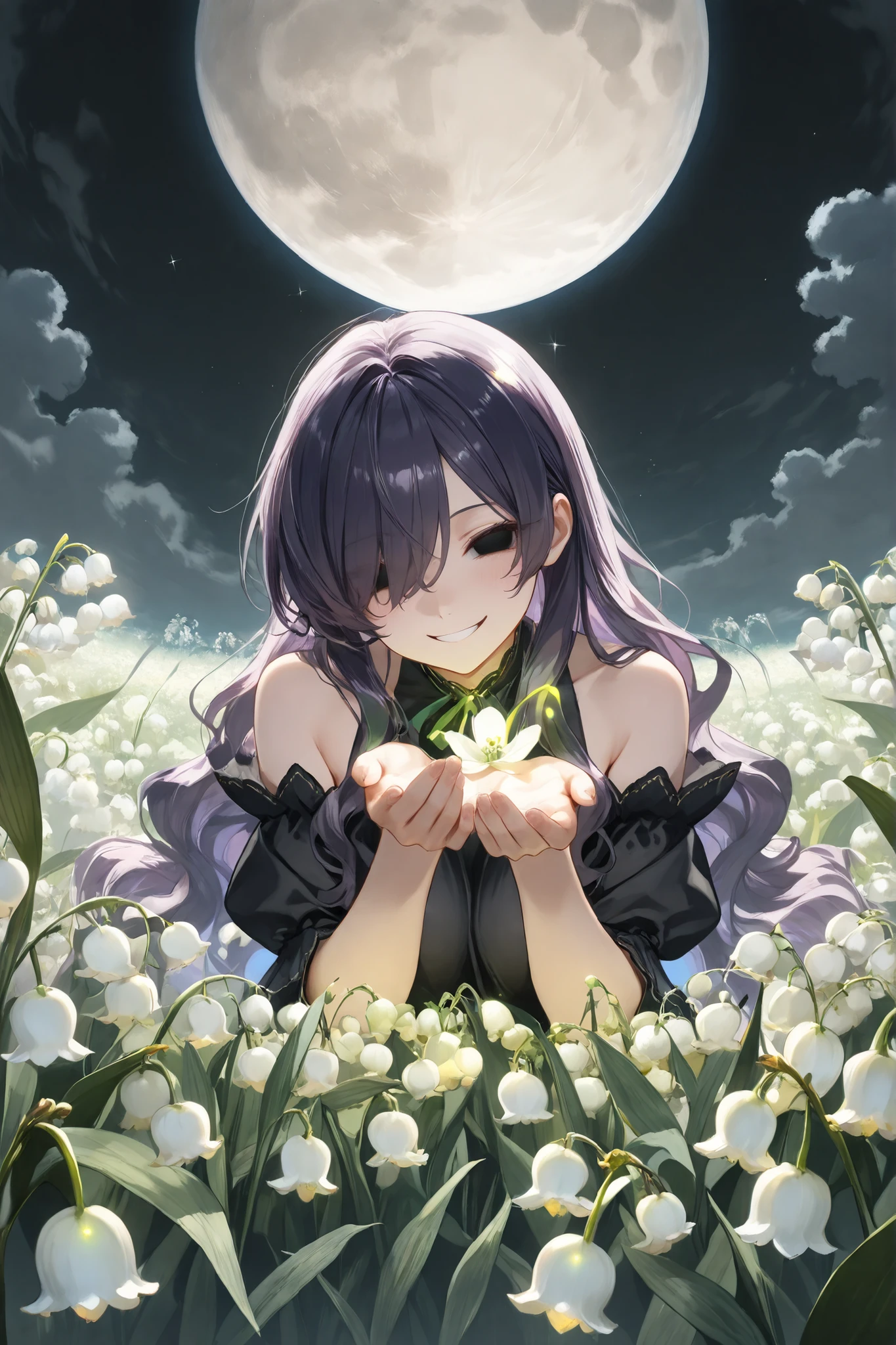 ((Masterpiece)),((best quality)),((incredibly absurdres)),((8K)),
1girl,solo,dark purple hair,very long hair,wavy hair,fluffy hair,big hair,hair over one eye,black eyes,BREAK,
black dress,offshoulder,BREAK,
hollow eyes,seductive smile,BREAK
put both hands on the lily of the valley,BREAK
(lily of the valley1.3),(glowing flowers:1.3),(A field of flowers:1.4),big full moon,BREAK
(dark sky),black sky,(sparkles flowers),black cloud,whirling clouds,mysterious,BREAK
close-up flower,lowangle,BREAK