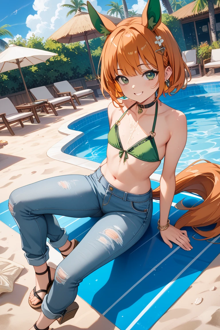 best quality, masterpiece, (very small breasts:1.3), from above, pov, barefoot, (bedroom:1.3), (student swimwear:1.5), miorine rembran, ahoge, (green eyes:1.5), orange hair, hair between eyes, (long curly hair:1.25), swept bangs,
