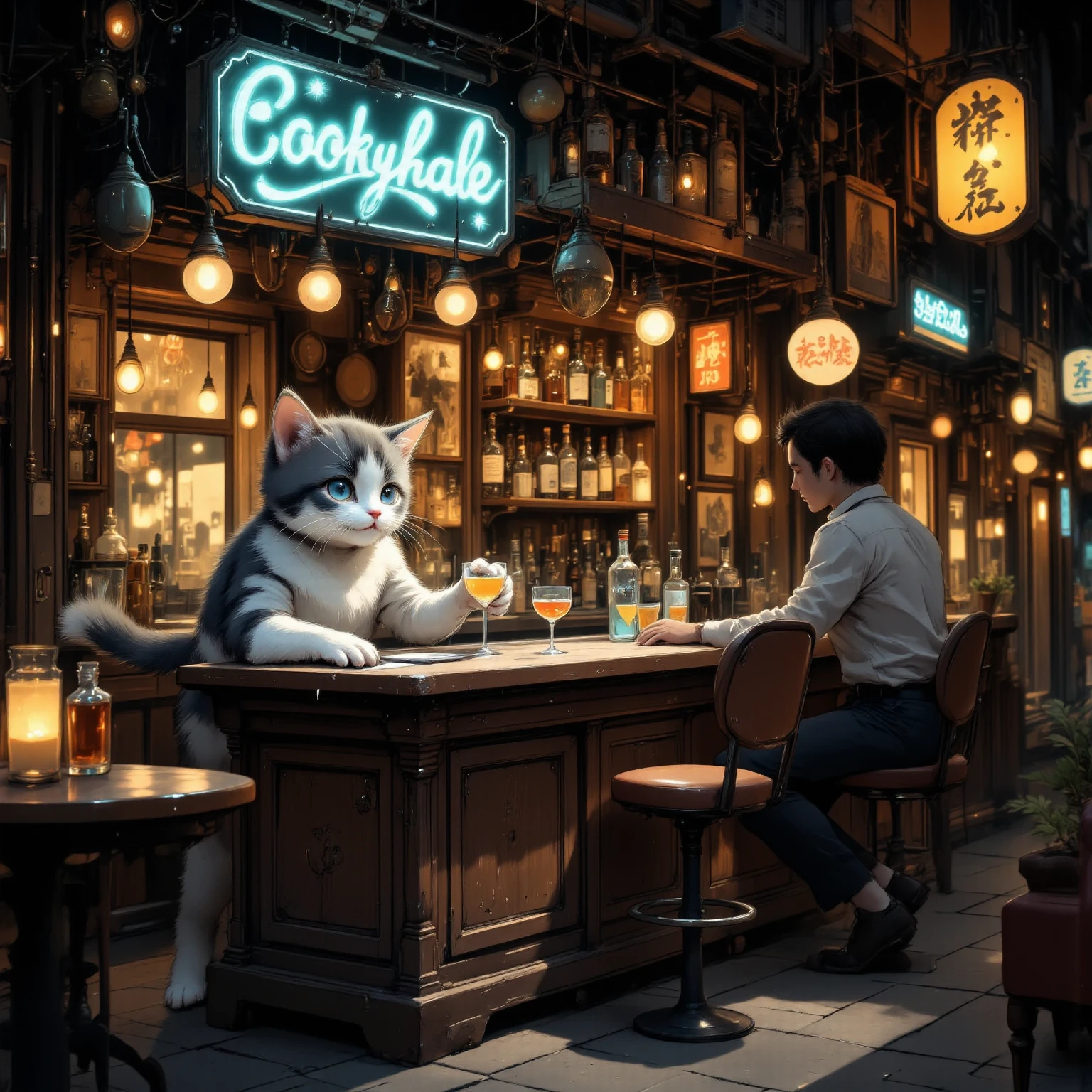 hideout, bar,vintage,cat bartender,1boy is Rei