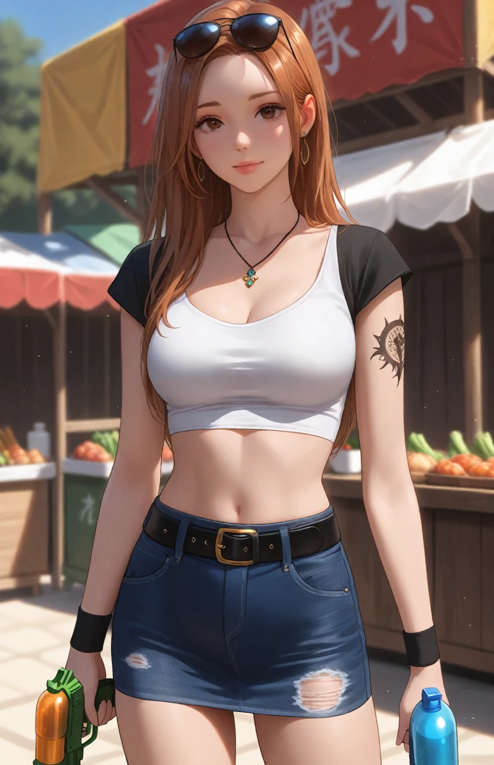 (masterpiece), best quality, expressive eyes, perfect face, front lighting, (outside crowded city background), (walking), (seductive look), (cleavage view), (1girl, Nami, 18 years old, orange hair, long hair, wavy hairstyle, brown eyes, hourglass figure, left shoulder tattoo, skinny body, thin body, petite_body, small breasts, wide hips, thick thighs), (green bandeau, croptop, sleeveless, strapless, expossed cleavage, exposed underboobs, ripped shorts, visible thong straps, jewelry, necklace, bracelets, earrings),
