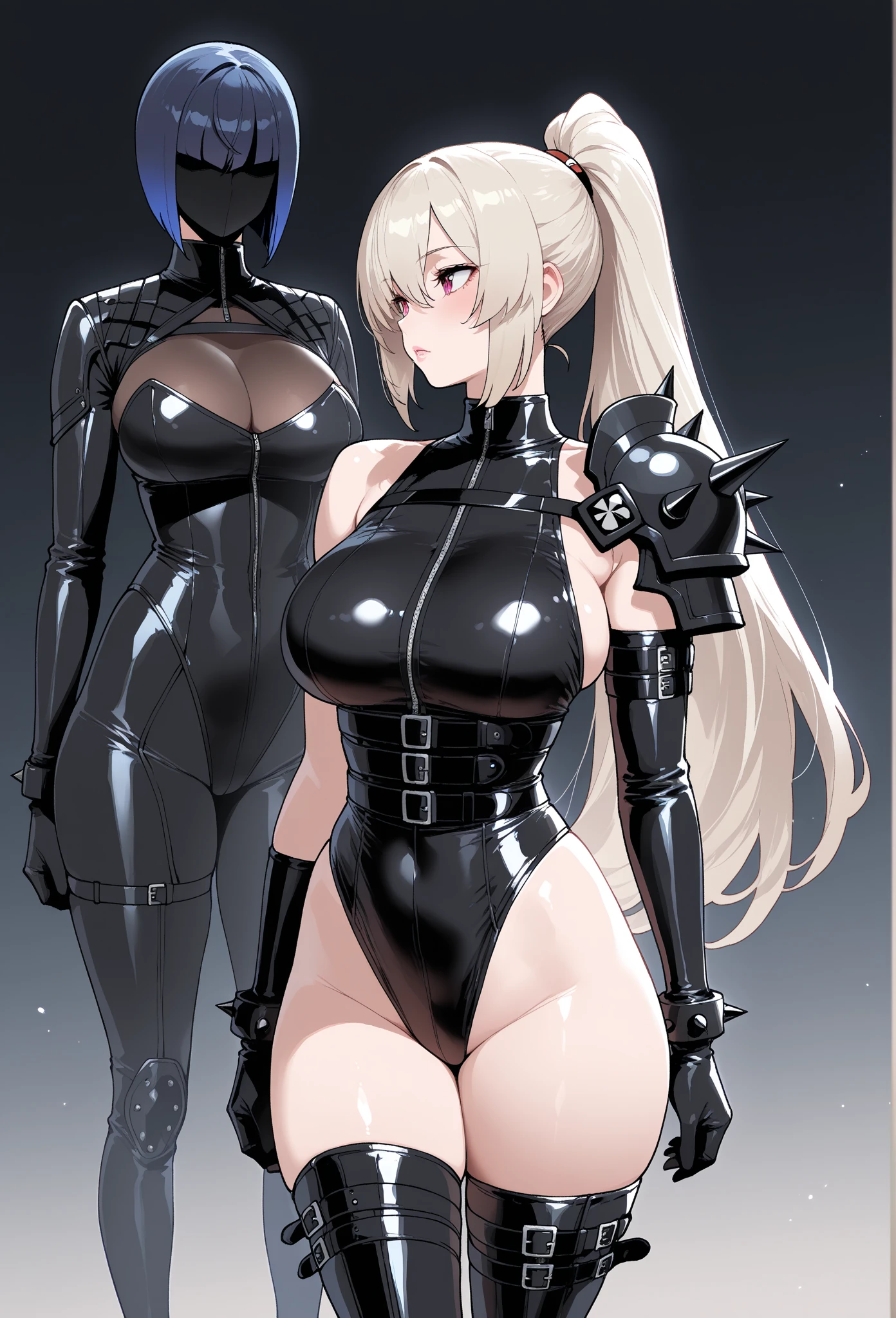 (2 women:1.3) full body, perfect hourglass body, perfect anatomy, tanned skin, large breast, silver hair woman, blonde hair woman, (chained up against a wall), arched back, resisting symbiote demon woman, (black slime entering her pussy and entering into open mouth), (black symbiote slime wrapped around her body), (torn t-shirt and skirt), (detailed face and eyes:1.2), (fearful face, pleasured face, confused and shocked, submissive, seducing, blushing face, hypnotized swirl eyes), (mind control heart eyes:1.2), (slime assimilation merging), transformation, (glowing succubus navel tattoo), thigh high socks 4k, HDR, realistic texture, realistic neon heart lighting, body in frame.