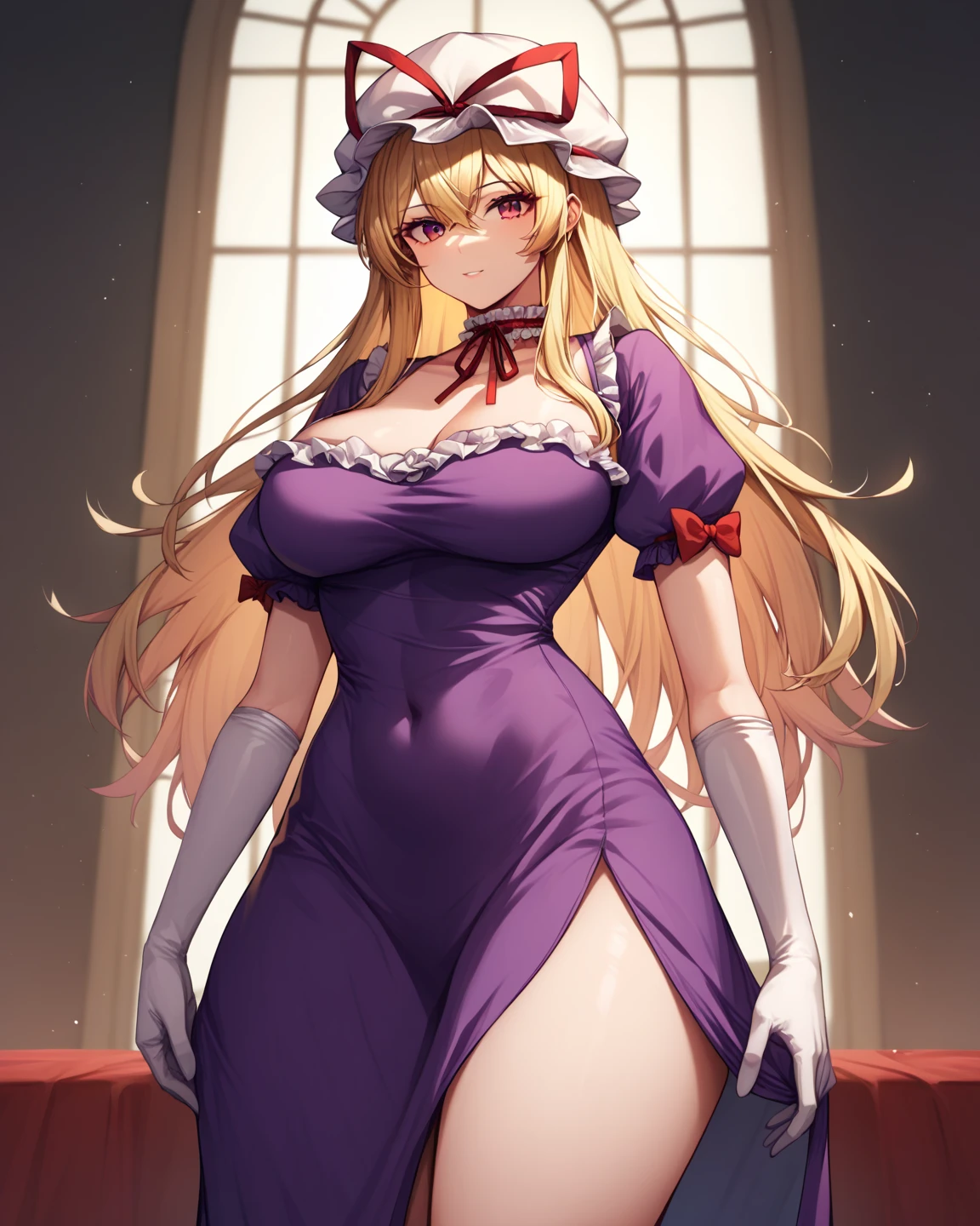 lumine \(genshin impact\), adult, tall, long messy hair, cute sulk expression, big breasts, strapless maid uniform, cleavage, Black denier 20 tights, leather shoes, colorful abstract geometrical shapes print, detailed clothes texture, BREAK, 1girl, masterpiece, standing, looking at viewer, indoors,
