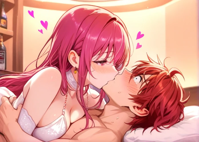 girl, Shikimori-san, Pink Hair, Long Hair, blue eyes, Hair between the eyes, bangs, blush, compensate,A little embarrassing,I feel,Horny,Sexy atmosphere,chest, View your viewers,Bare Belly,masterpiece, Highest quality,nsfw,On the bed,kiss,Kissing a man,1boy+kiss,