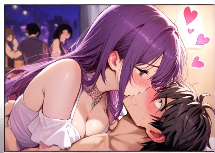 ​masterpiece, best quality, highres, 8K, ,medium breasts,1 girl,1 boy,Sex,orgasm,im Bett,black swimsuit,purple hair