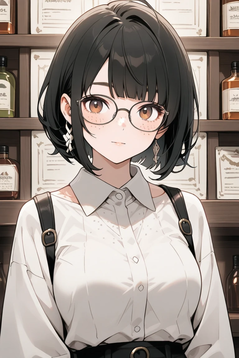 drummer、Plain white T-shirt、short hair、Black trousers、Glasses、woman