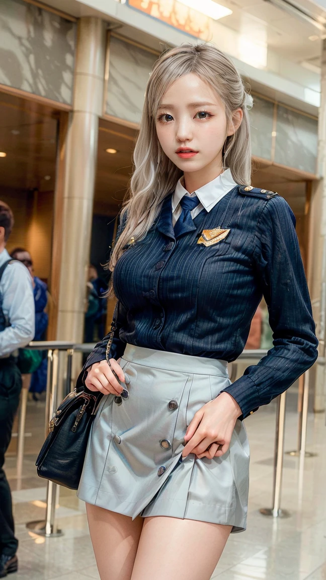 27 years old, gorgeous cute Russian girl, smirk, freckles, ((masterpiece)), ((best quality)), ((highres)), ((extremely detailed CG unity 8k wallpaper)), solo, tachibana kanade, tan school uniform, black skirt, white socks, outdoors, face, curtained hair, beach, parted hair, silver hair, tall buildings in the distance, night, (military badge:1.2), good young girl, (masterpiece:1.0),(best_quality:1.0), ultra high res,4K,ultra-detailed, photography, 8K, HDR, highres, absurdres:1.2, Kodak portra 400, blurry background, bokeh, lens flare, (vibrant_color:1.2),professional photograph, (the_tattoo_face:0.7), (beautiful_face:1.5),(narrow_waist).