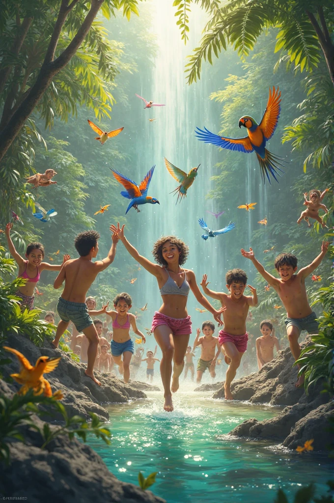 In the forest of the forest in the tropical mountains of Brazil, the sun shines on the waterfall where people are rappelling. the photo is taken from below, from the middle of the crowd and of asymmetrical composition. There is a party with musical instruments, tambourine, guitar, tambor, Flute, rabeca, atabaqui, grandfather, rattle, people dancing each in their own way next to different animals, a bonfire and macaws, monkey, ounce, squirrel, Bunnygirl. A helicopter and a canoe.