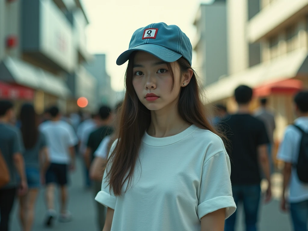 90s film photograph, grainy, analog, faded, realistic, soft focus, flash photography
Japanese lady wearing trucker cap, oversized t shirt with folded sleeves. Outdoor, blurred people in background