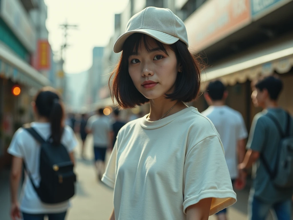 90s film photograph, grainy, analog, faded, realistic, soft focus, flash photography
Japanese lady wearing trucker cap, oversized t shirt with folded sleeves. Outdoor, blurred people in background
