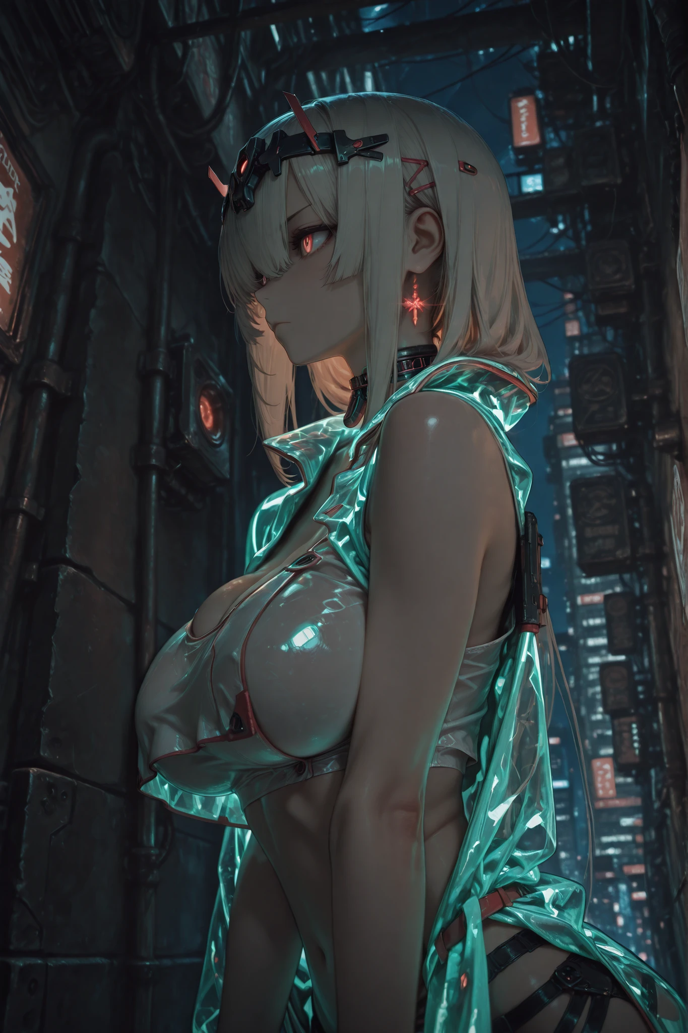 female, cute, sexy, dark, night, naked, high heels, neck chocker, bangs over eyes, massive breasts, hair pins, skinny, massive , 4k, high-quality, a masterpiece, wearing an open long coat, down a dark alleyway, cyber, futuristic, glowing coat, crop top, extreme close up, glowing head piece, extremely close up, head only, head, upper body, head, from below, serious expression, side profile
