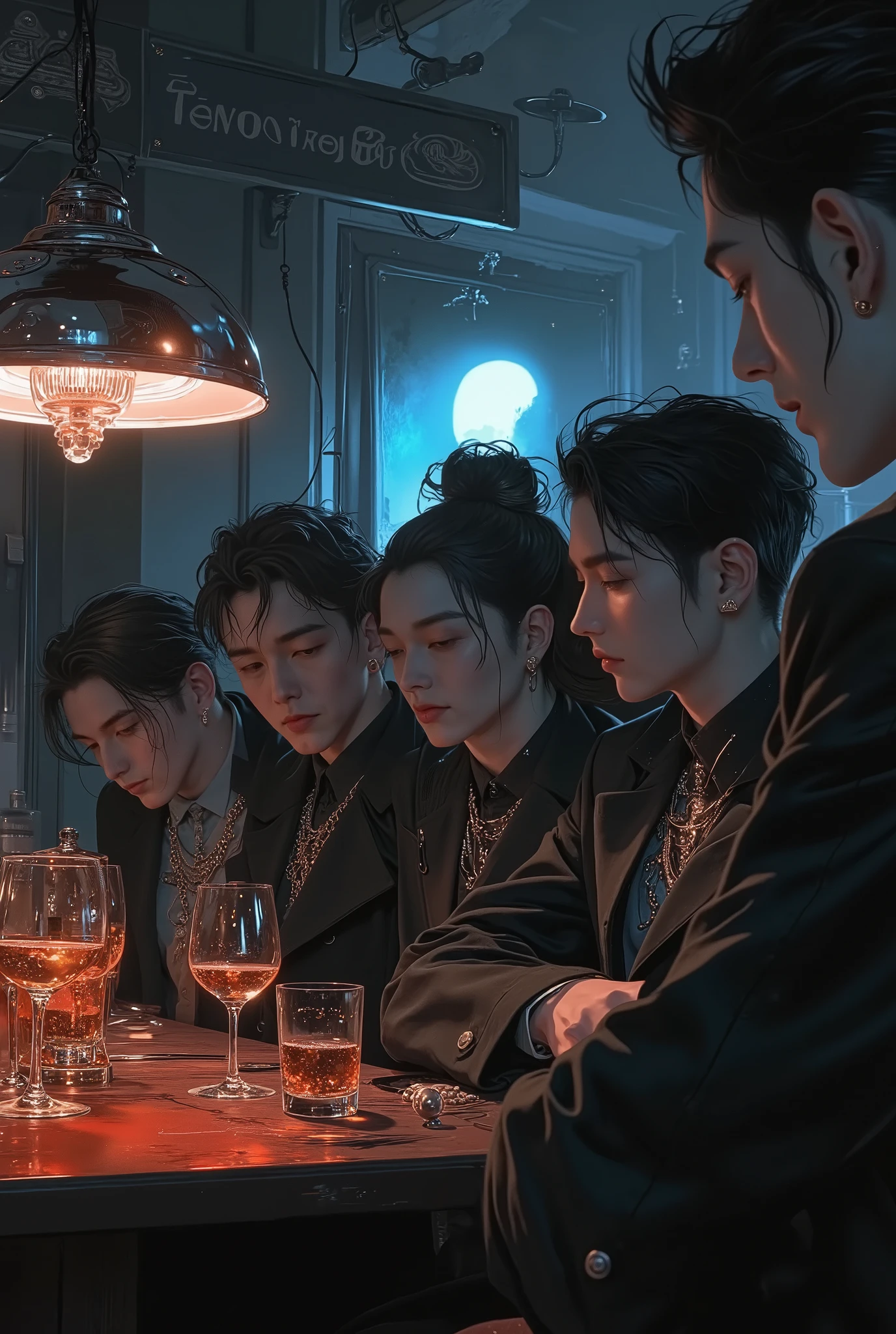 cinematic film "In a secret underground bar, a group of extravagant and debauched figures gather around a worn velvet table, an old disco lamp flickering above them. The dark ambient lighting reveals smoke curling in the air; glasses half-full of glowing liquor; whispers and laughter echo in the shadows. The scene is gritty, cinematic, dripping with moody noir energy. Cyberpunk noir aesthetic, ultra-detailed digital painting.
