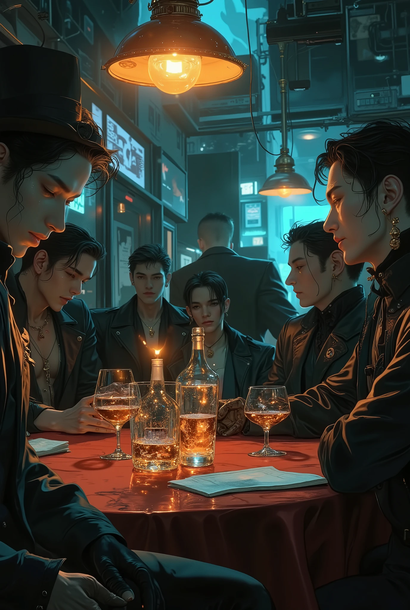 cinematic film "In a secret underground bar, a group of extravagant and debauched figures gather around a worn velvet table, an old disco lamp flickering above them. The dark ambient lighting reveals smoke curling in the air; glasses half-full of glowing liquor; whispers and laughter echo in the shadows. The scene is gritty, cinematic, dripping with moody noir energy. Cyberpunk noir aesthetic, ultra-detailed digital painting.