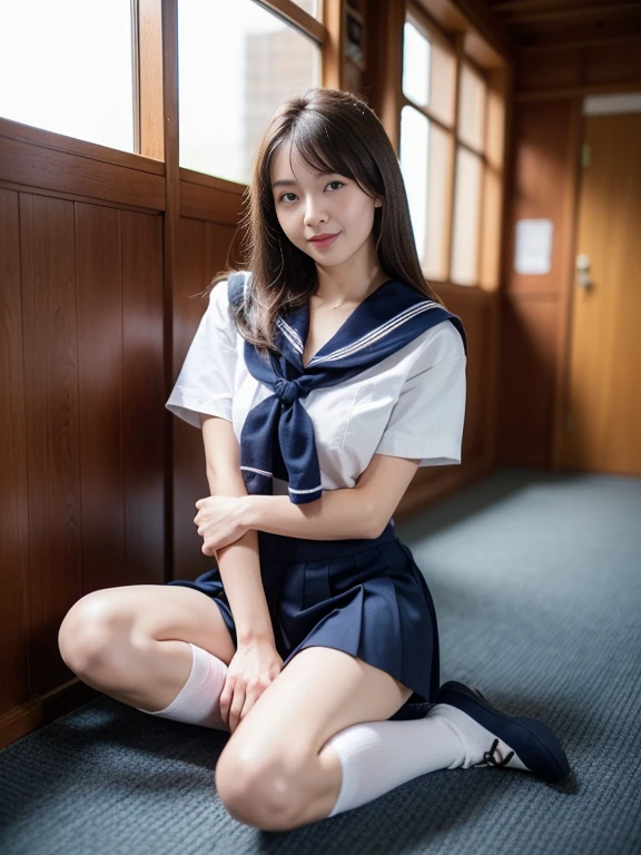 short hair、Highest quality,Very detailed,masterpiece,Realistic,Realistic,Bright lighting,One Girl, Very beautiful girl, (cute:1.2),A faint smile, (Brown eyes),(Brown haired),(prohibit),Shortcuts、Perfect glowing skin,Perfect Skin,((erotic,Sexyexuallyplicit)),e needles without discomfort)), Big ample breasts,Accentuate your cleag breasts and small waisat the vilor suit)),((Short sleeve uniform white shirt)),(Red tie),(Mini pleated skirt in blue),(((Roll up the skirt yourself))),(I lifted it myself),(Showing panties),Wearing panties,Panty Focus,((get up,Spread ys)), socks, (黒のニー(Loafer ), Daytime,in the train,Sit sideways with your back to the window