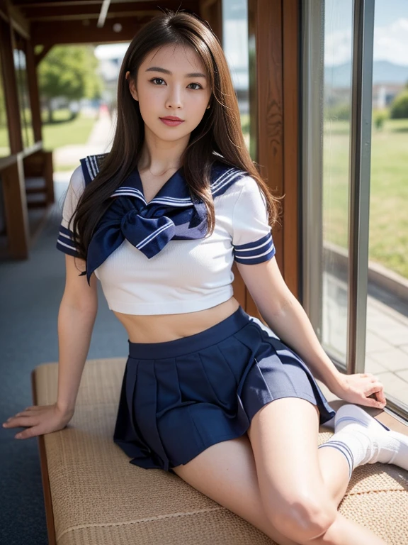 highest quality, masterpiece, High resolution, 1girl, super gorgeous face, super gorgeous eyes, super gorgeous hair, voluptuous、sailor suit、mini skirt、tanned skin、tall、Beautiful butt、beautiful feet、long legs、big breasts、sitting with legs crossed、Pants are black