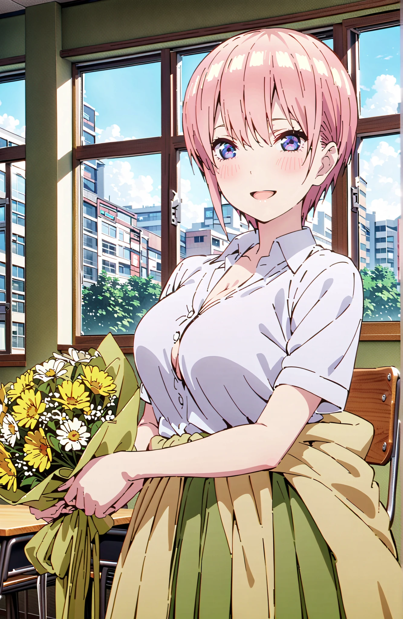 Nakano Ichika, short hair, bungs, blue eyes, hair between eyes, pink hair,Big Breasts, cleavage,in their 40s skirt, shirt, uniform, white shirt, Short Sleeves, green mini pleated skirt, collared shirt, white socks, yellow clothes around the waist,Short sleeve,I'm holding a yellow bouquet with both arms, Flower blowing snow,smile,blush,open your mouth,standing,curtains,window,machine,chairs, Beautiful Streetscapes,noon,blackboard,in their 40s indoors, Classroom,
in their 40s looking at viewer,full body,
in their 40s (masterpiece:1.2),Highest Quality ,Kampala,unity 8k 壁紙,(shape:0.8),( fine and beautiful eyes :1.6),It's a person ,full body写真,CG Details , (perfect hand in h,Complete Anatomy),
