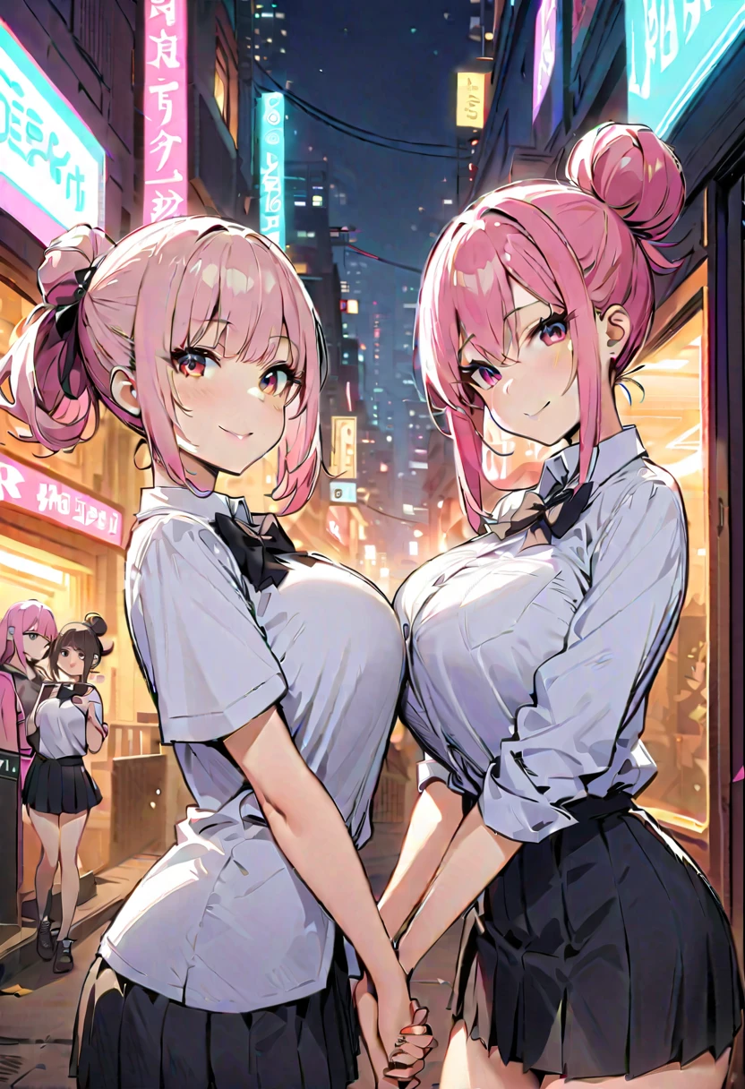 (ultra realistic,32k, masterpiece:1.1),(high detailed skin:1.1), 8k uhd, dslr, high quality, (thick\lips\),
aakaede,two-tone hair,side ponytail,sidelocks,hair scrunchie,gyaru,earrings,necklace,breasts,,red bowtie,collared shirt,pink shirt,long sleeves,bracelet,blue skirt,, , (huge breast:1.2),
(looking at viewer, Bend forward:1.1),
,(bioluminiscent:1.1), blank background