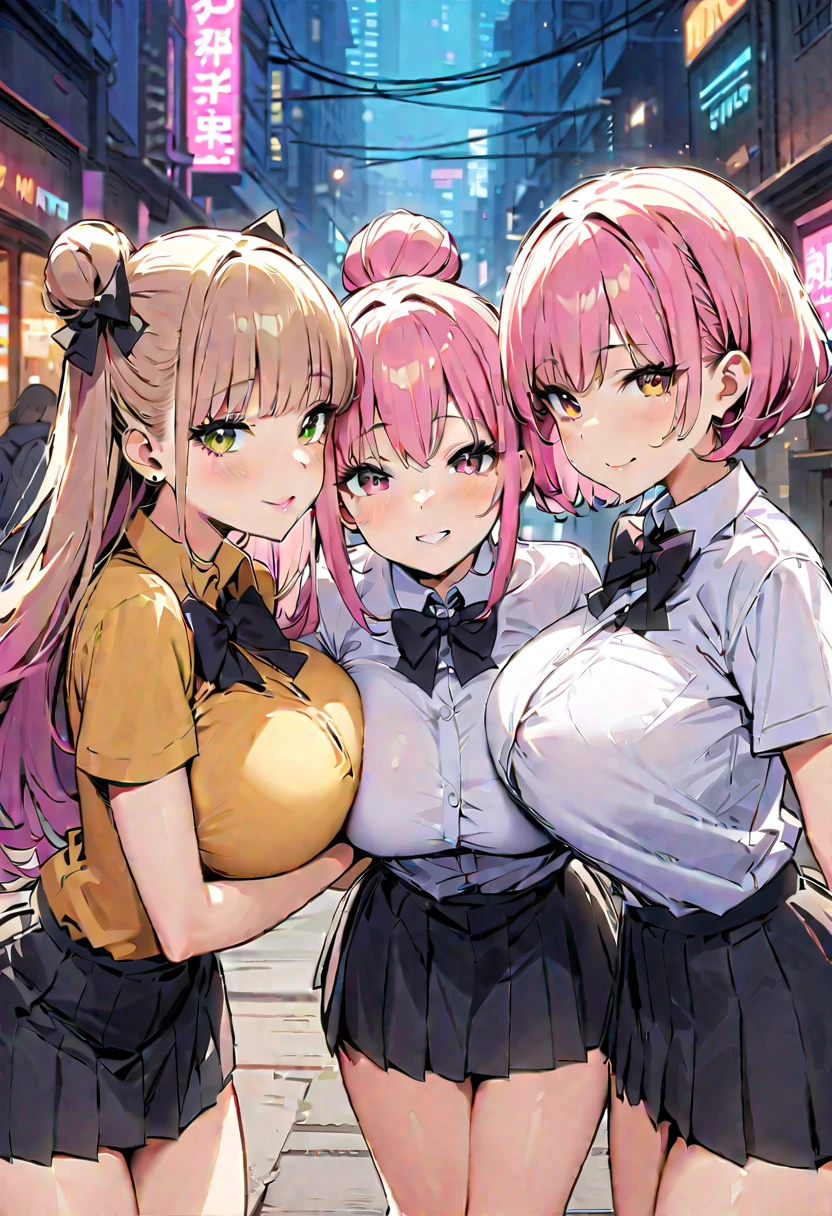 Cyberpunk City, street, night, Neon, Neon, masterpiece, best quality, high resolution, JK,Huge ,,(((丰满柔软的breast,)))(((Cleavage))) (Perfect curvy figure), 3 girls,black bow,black bowtie,Blonde hair,bow,bowtie,breast,Hair Bun,Holding Hands,Fingers crossed,Long hair,Looking at the audience,Multiple girls,Pink Hair,pleated skirt,Tuck your shirt into your pants,short hair,skirt,Smile,Tent Shirt