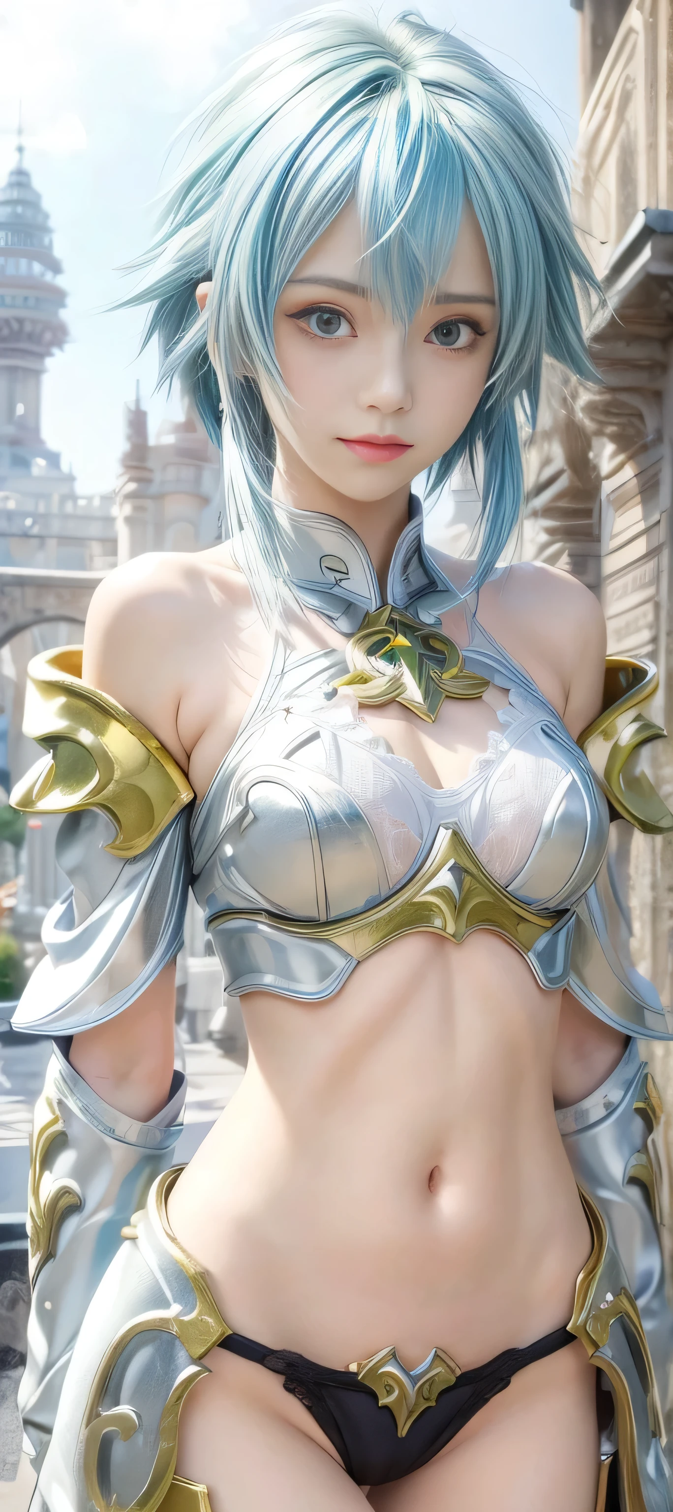 masterpiece, best quality, (realistic,photo-realistic:1.4), (RAW photo:1.2), extremely detailed CG unity 8k wallpaper, delicate and beautiful, amazing,finely detail, official art, absurdres, incredibly absurdres, huge filesize, ultra-detailed,extremely detailed eyes and face,light on face,sinon,(little smile),(blue hair:1.4),(very short hair:1.4),ruins background,(god cloth:1.5) ,(sidelocks:1.4)
