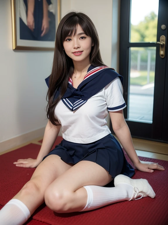 table top, highest quality, 8k, 15 years old, teen, RAW photo, absurd, award-winning portraits, smile, alone, idol face, delicate girl, whole body, Digital single-lens reflex camera, looking at the viewer, Frank, Sophisticated,thin arms, professional lighting, film grain, chromatic aberration, (Eye and face details:1.0), (Bokeh:1.1) , (OL uniform:1.1) , close your mouth , black haired , drooling eyes , big size breasts ,(red lips , thick lips:1.1) , white skin , 15 years oldの顔, sailor suit:1.3, navy pleated skirt, squatting down
