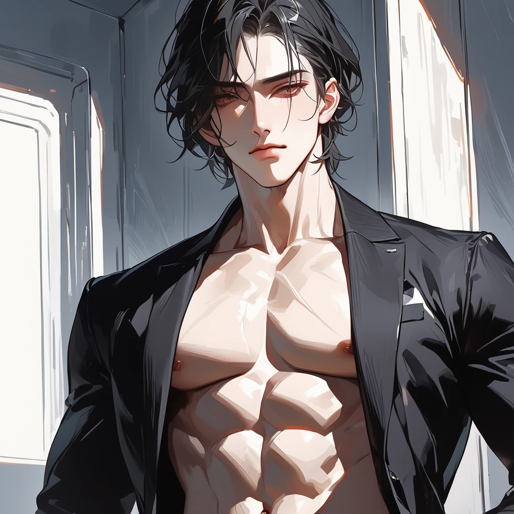 Handsome man with black hair and purple eyes, long black coat and ripped black t shirt, black cargo pants and long sleeves