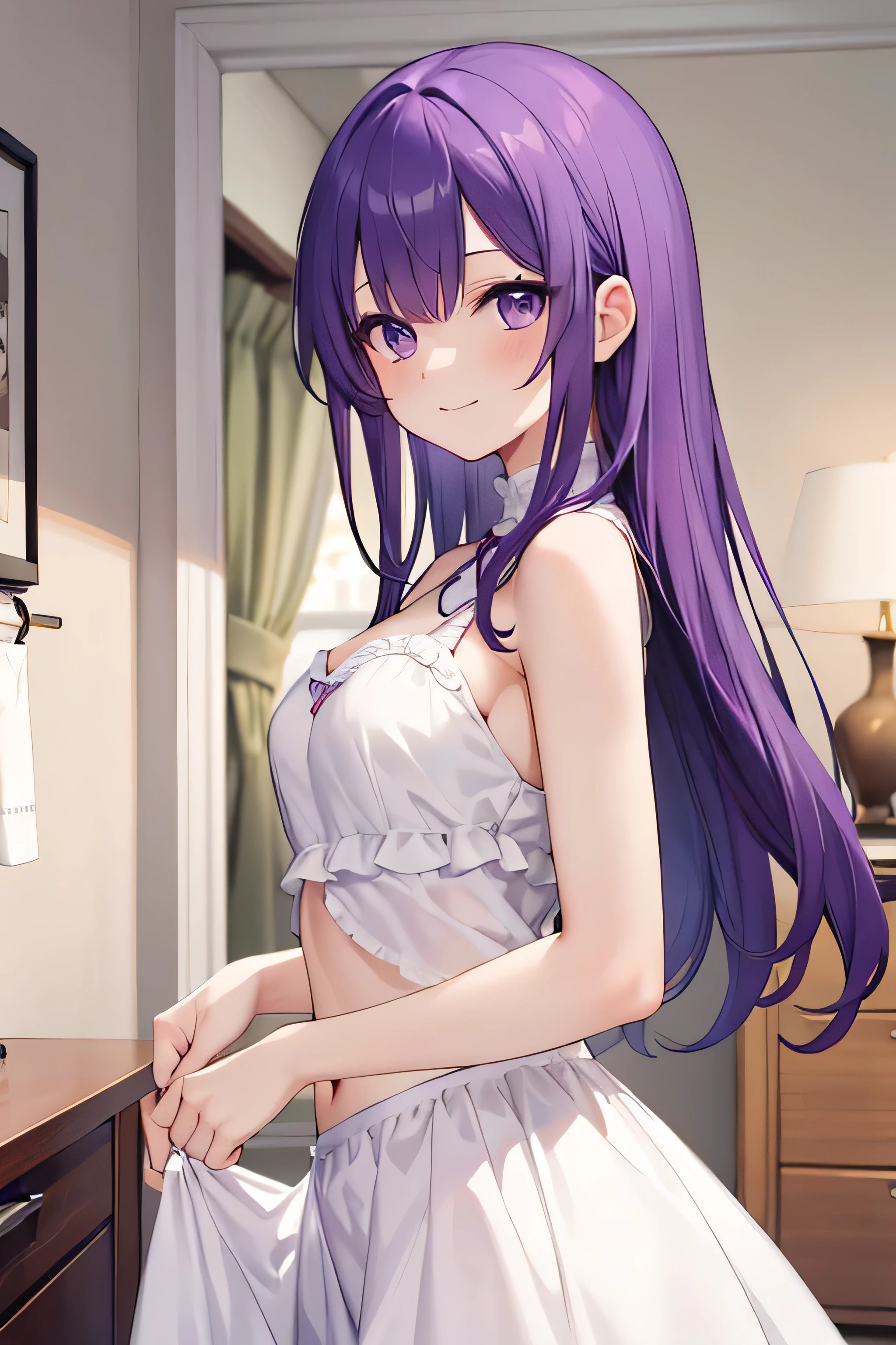 anime girl in purple dress sitting on bed with her hands on her head, seductive anime girl, smooth anime cg art, attractive anime girl, cute anime girl, pretty anime girl, beautiful anime girl, painted in anime painter studio, [ 4 k digital art ]!!, soft anime illustration, made with anime painter studio, anime girl, (anime girl), showing armpit