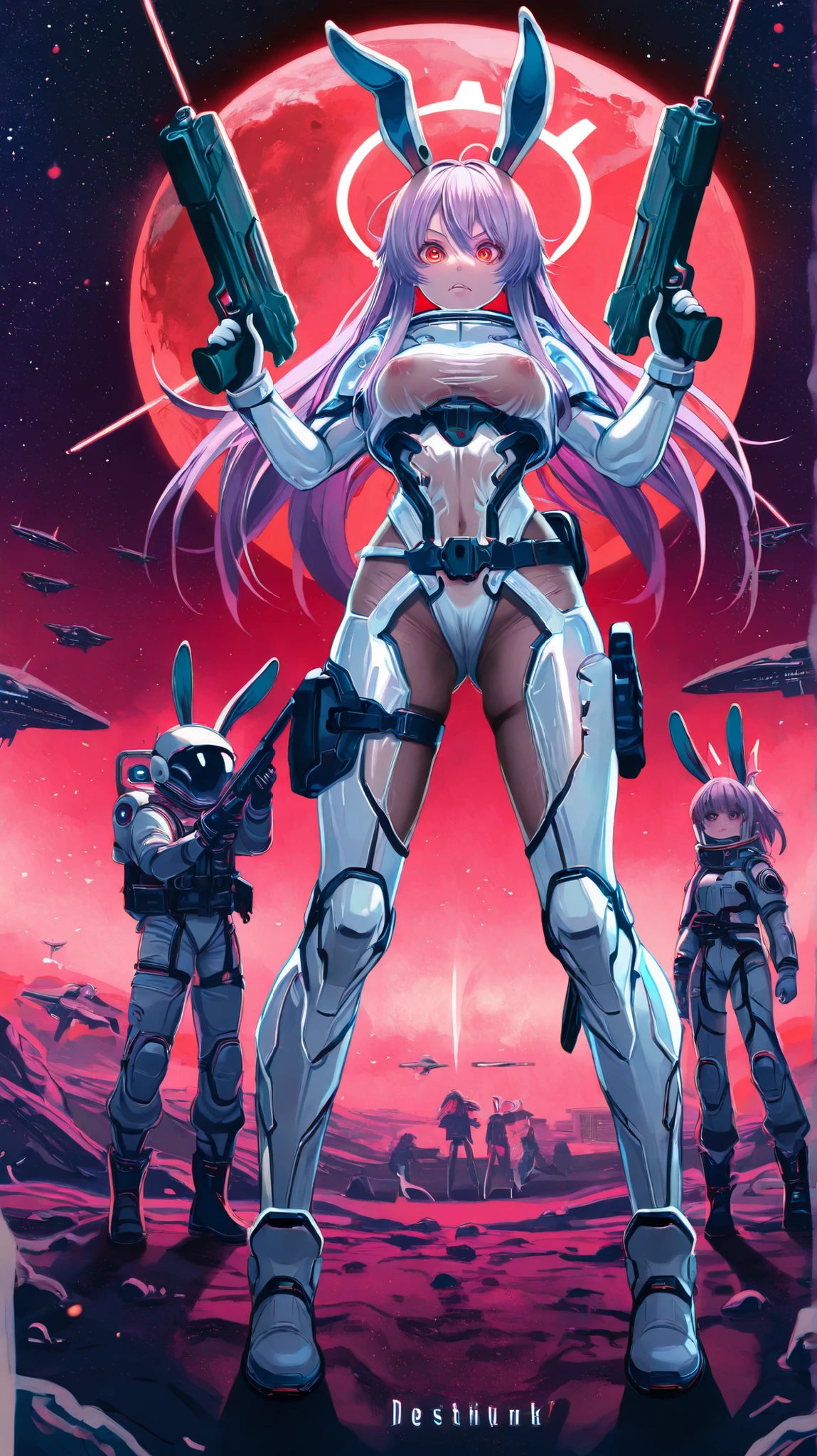 masterpiece、Best Quality、8k、Reisen Inaba Udongein,Sf, near future,White battle suit,White space suit, space military, White-based science fiction space combat uniform、cyberpunk, Outside the future space station、Guns of Science Fiction,Guns of Science Fiction, halo、Red moon in background、Psychedelic, dystopian, cyberpunk, neon、outer space,femdom、space_space、Space colony,seethrough tights,Nsfw,Combat readiness, in combat, war,Girl holding a gun、femdom、(Nsfw:1.3),(Hold your gun up and take aim)