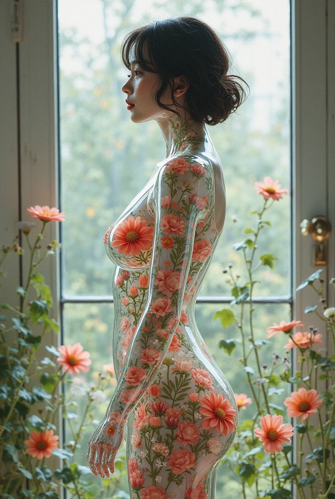 high detailed professional, Realistic Face, realistic breasts, Transparent Pregnant, Full body woman photo of a transparent pure glass porcelain android looking at viewer, with glowing backlit panels, anatomical plants, dark forest, night, darkness, grainy, shiny, intricate plant details, with vibrant colors, colorful plumage, bold colors, flora, contrasting shadows, realistic, photographic,