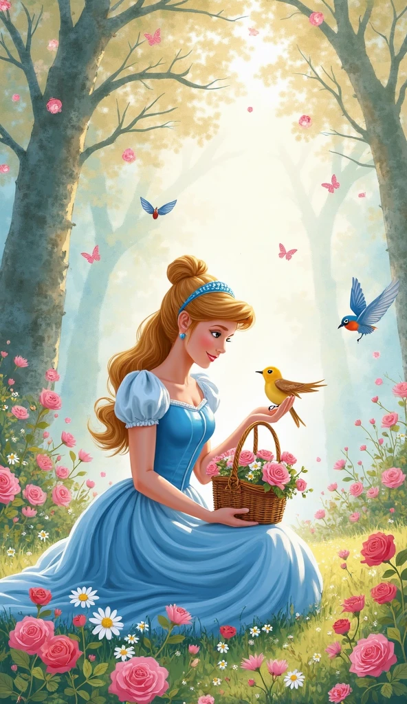 ((​masterpiece)),Has 1 girl,cute  face,Costume like Snow White,Play with the birds by the lake