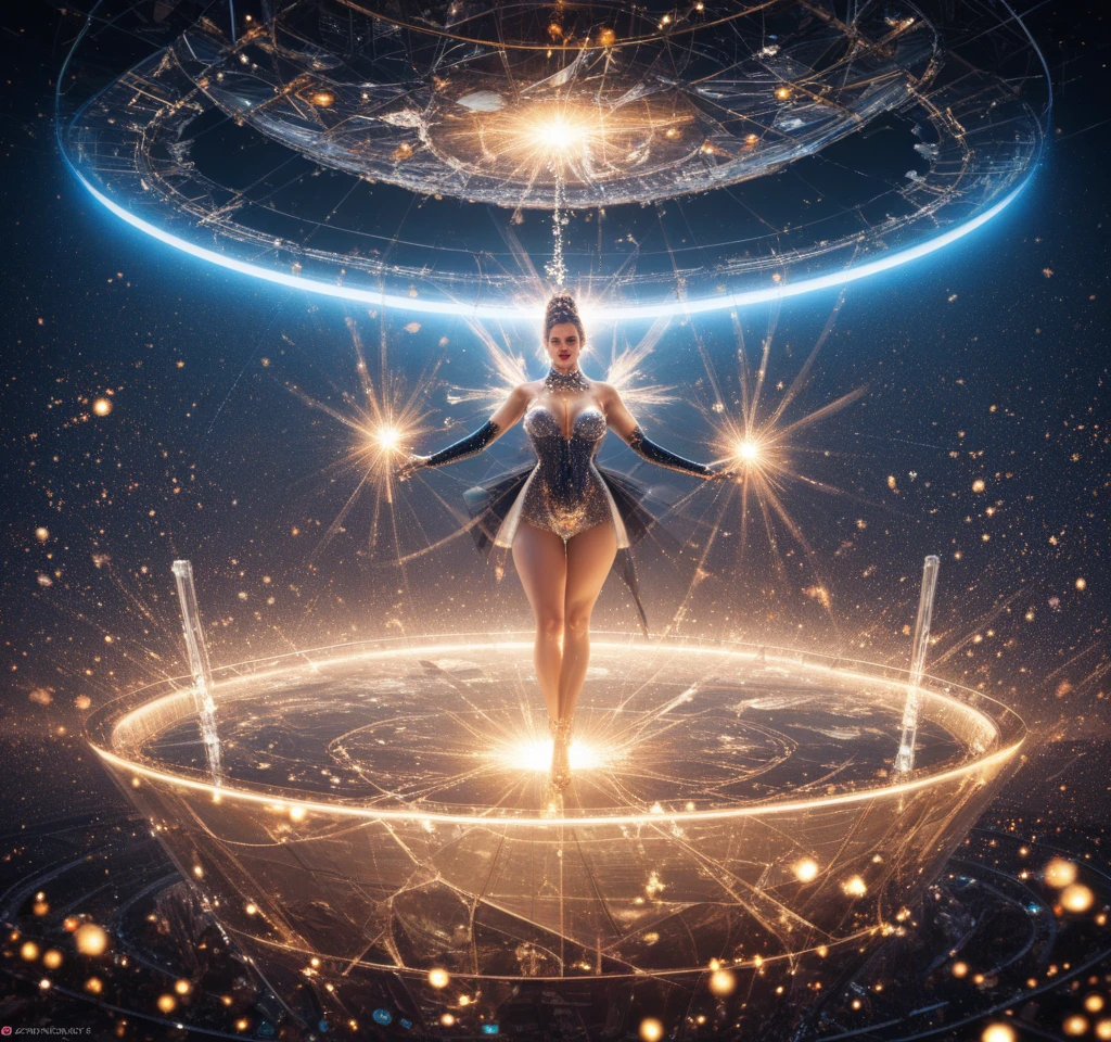 A woman is bending her bow and shooting arrows，skin fair，celestial goddess，a backdrop of：Replace the original background，It is the layers of white clouds and cosmic stars under your feet，celestial goddess, greg hildebrant, venus goddess, The goddess of the hunt and the moon, goddess of space and time,cosmic goddess
