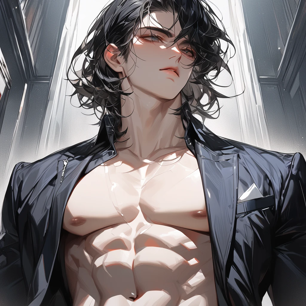 4K, high resolution, Best quality, Masterpiece, perfect colors, perfectly shaded, Perfect lighting, posted on e621, (by Chunie), anthro, ((Portrait)), ((Handsome man)), perfect male figure, short detailed hair,Wear men's shorts,Abusculature,chest muscle,Abs,Naked upper body,Detailed face, Perfect face, (The stands up), Detailed background, ((Bonifasko lighting)), (Detailed eyes), perfect pupils,((Silver-gray skin))