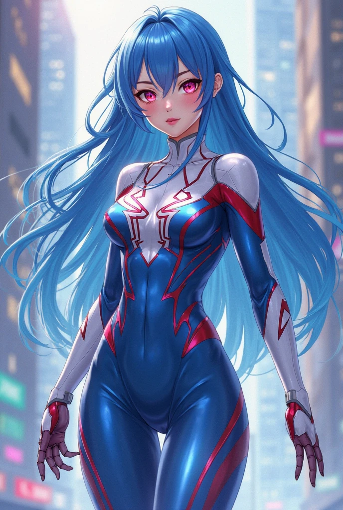 Spider woman uniform, spider man uniform, spider-gwen uniform, uniform with blue details, red+black+white uniform, cyberpunk, superhero