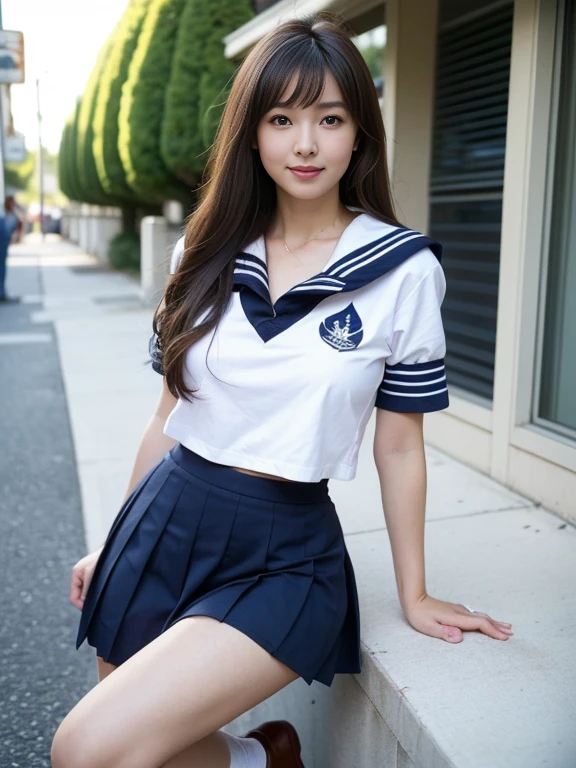 (((masterpiece))), (((Highest quality: 1.4))), ((Very detailed: 1.4)) , ulzzang-6500-v1.1, (RAW Photos:1.2), (Realistic), (Genuine:1.4), Sharp focus、Absurd, Finer details, High resolution, Very detailedな顔と目, Realistic, Textured skin, Anatomically correct, Super realistic in summer uniform, ((Preteen)), 17-year-old girl、Seraphim、seifuku, Color Sailor Uniform, Japan , A seductive smile、Japanのアイドル、Skirt and thighs、Sitting on the lawn、Sitting, (Super realistic black pantyhose:1.3)、 Realistic skin texture, Makeup, (Detailed Background:1.2), Glowing Skin、looked back、Bare thighs!!!、