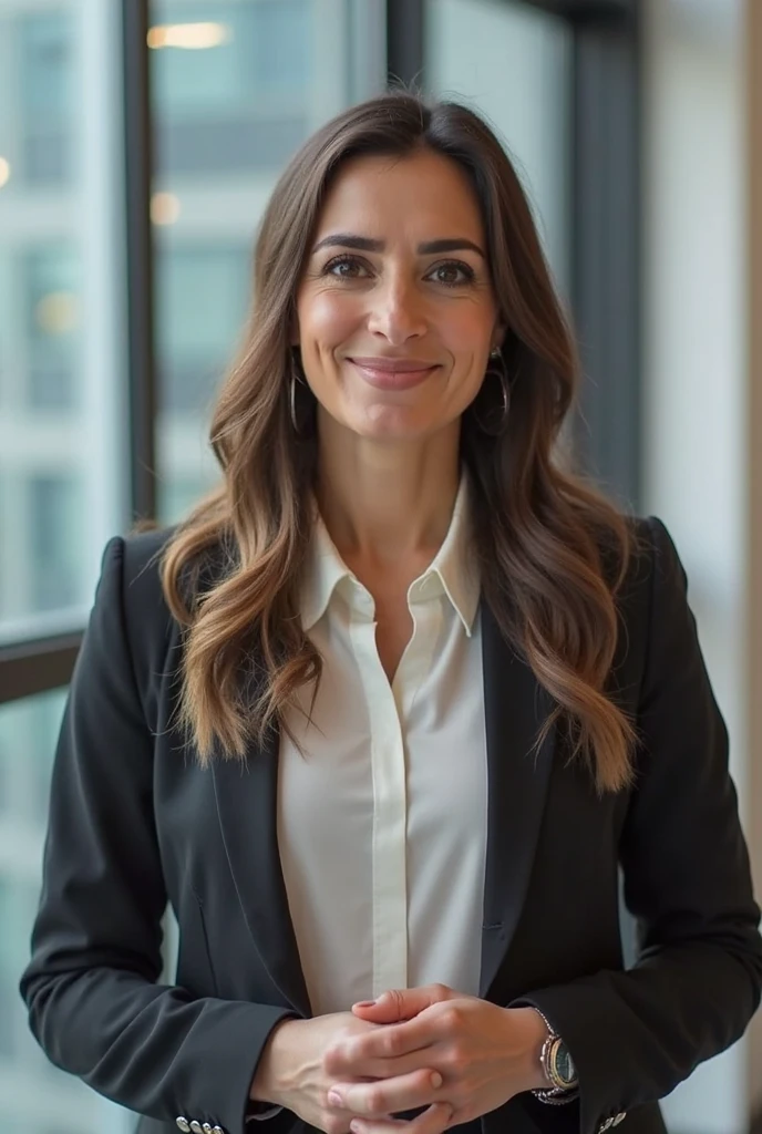 woman lawyer, dark haired, dark shaped eyes, medium height, skin fair, medium pwso, in a law office