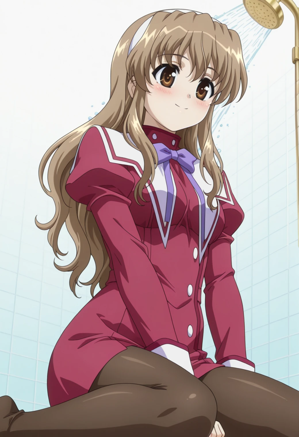 haruka, 1girl, solo, long_hair, looking_at_viewer, blush, open_mouth, skirt, brown_hair, long_sleeves, bow, ribbon, brown_eyes, sitting, school_uniform, pantyhose, hairband, lying, shoes, tears, bowtie, legs, book, black_pantyhose, red_skirt, arm_support, bandages, bandaid, mary_janes, wooden_floor, object_on_head, uwabaki, purple_pantyhose, magazine_(object), manga_(object)