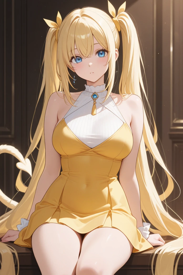 ((adult woman, with very long yellow hair, huge breasts, at the door of the room with her pussy wet with cum on the floor, in an apron, facing the specifier, completely naked))),(((with her daughter in your front of folding arms, with a face of anger))),