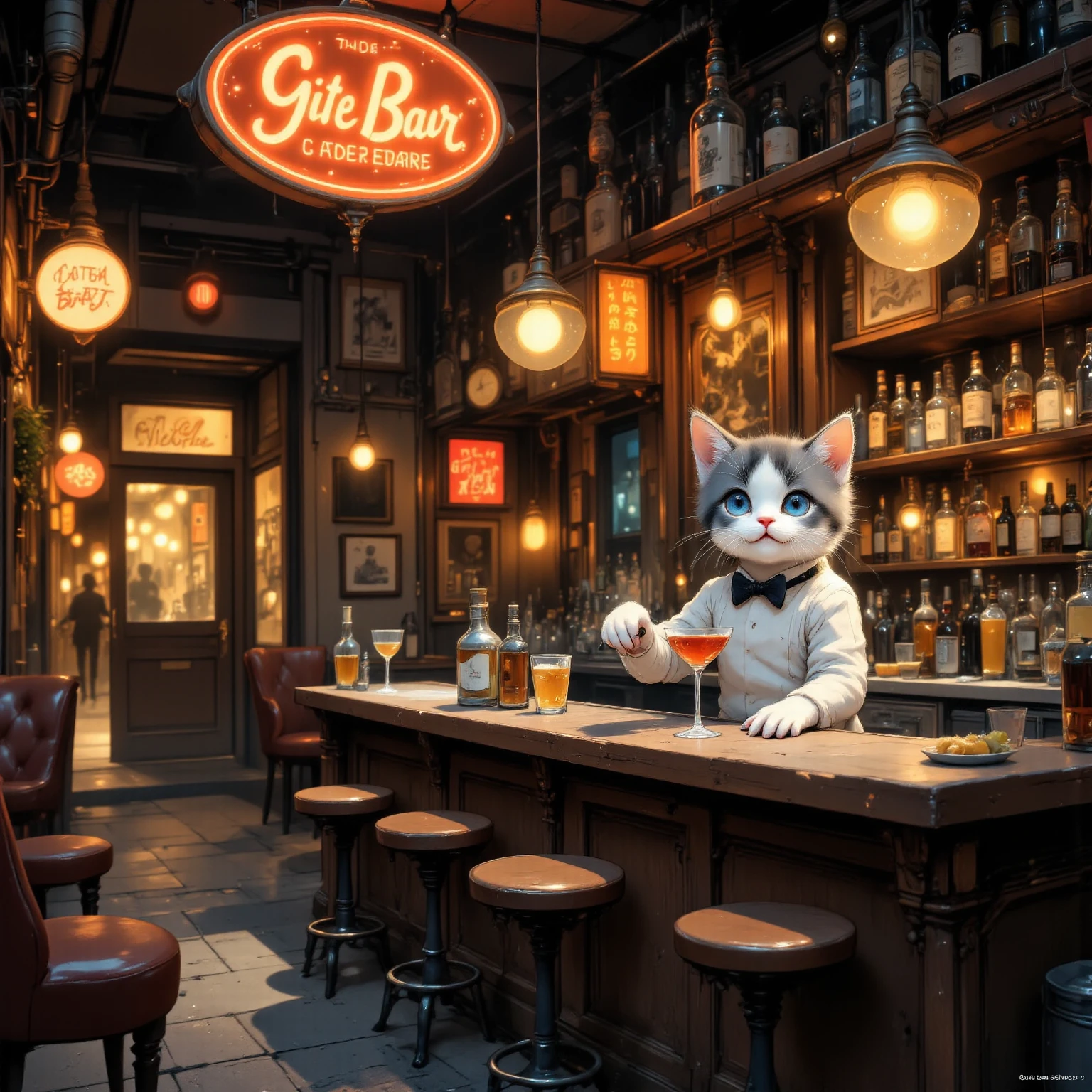  hideout, bar,vintage,cat bartender,1boy is Rei