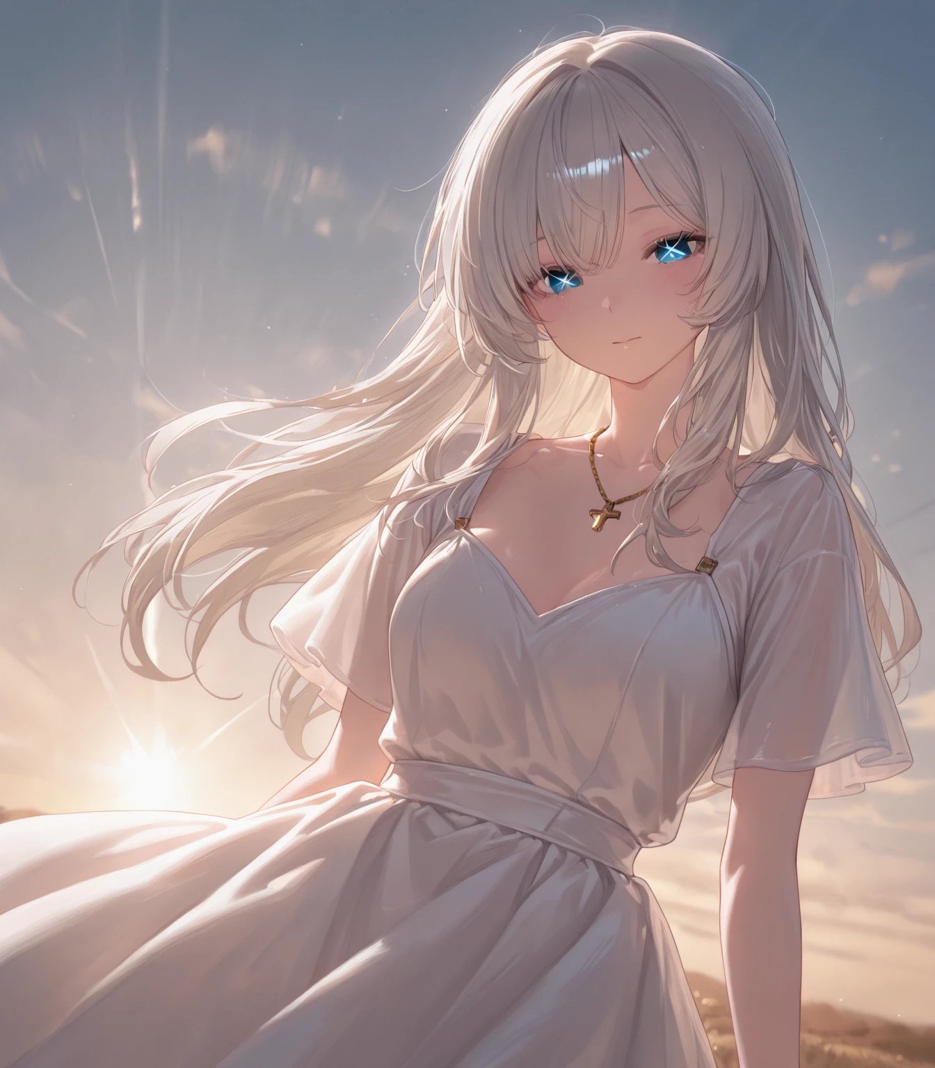 (Sunset Scene, Soft lighting, High saturation):1.4, Vivid lighting, Enchanting elegance, Atmospheric Depth, Great technology, Naturalistic representation, Harmonious composition, Creative refinement, Striking contrast, (One beautiful girl), smile, Expose, Gray bob hair ,Volumetric Fog, Outdoor, Backlight, Small breasts, Show your chest