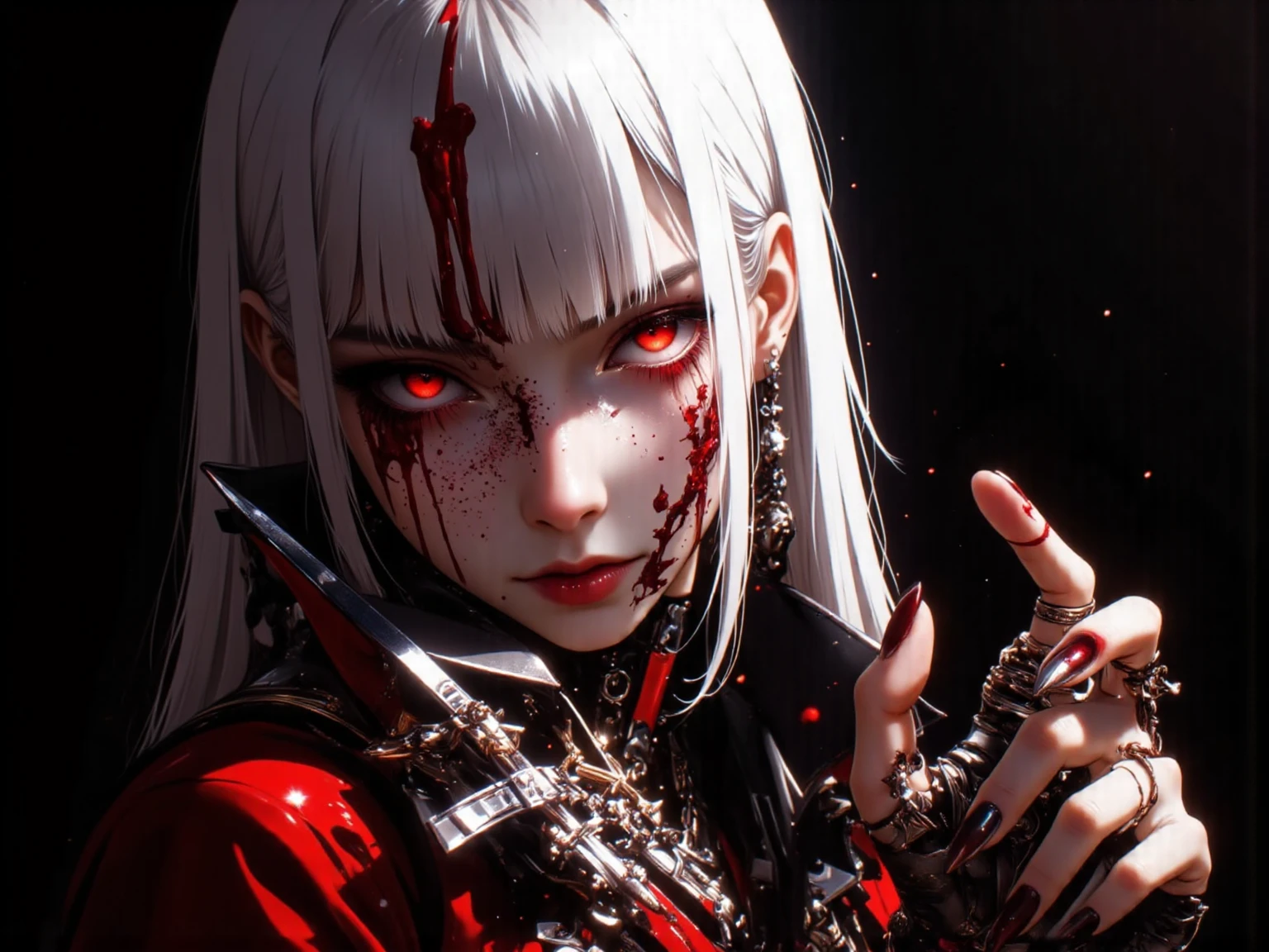 hyperrealistic characters, video game rendering effect through ink overlay, white background, blood black shadow overlay effect, shading effect, red dualization effect, bloody ink, liquid ink rendering, hyperrealistic Sumi-e liquid ink painting. beautiful young woman, 1 girl, detailed face, twin tails, colorful hair with black roots and red tips, wearing a red shirt with silver patterns, witch's hooded cloak, black leather pants, expressive detailed eyes, collar, jewelry, smile, high detail, intricate details,