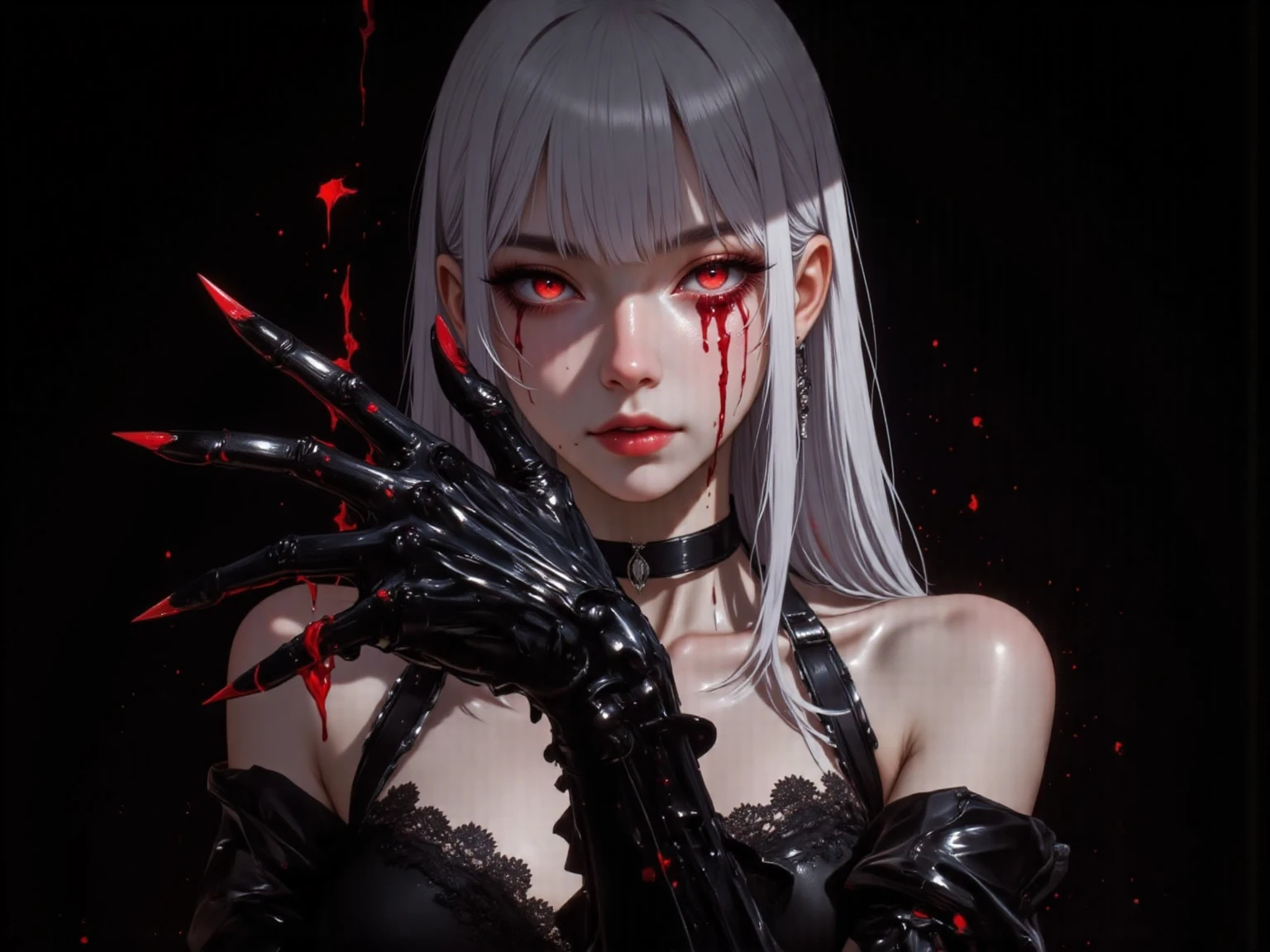 a ghostly woman with white hair and a black dress with blood on it, alena aenami and artgerm, deviantart artstation cgscosiety, realistic digital art 4 k, realistic digital art 4k, whitehaired, ig model | artgerm, smooth grey skin, photorealistic anime girl render, anime girl in dress