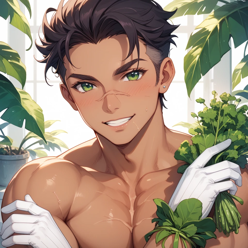 masterpiece, best quality, High definition, depth of field, (alraune:1.4),  on flower, solo, 1boy, male,  looking at viewer, smile, (teeth),   green hair,  (bodybuilding),  Canopy, moon, (Vine, Fruit:1.2),  <lora:Mikuriya_style_v01.99.20:0.8>