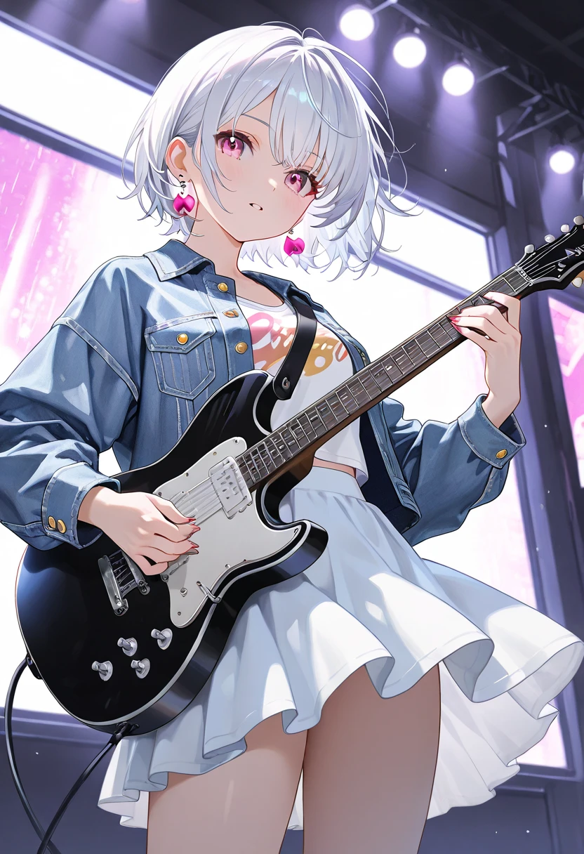 masterpiece, best quality, ultra-detailed, illustration, an extremely delicate and beautiful,high resolution, ultra-detailed,,perfect face,slender perfect body, Tight belly,Toned buttocks,Constricted waist,,(girl plays the guitar:1.7), 15yo,(white hair),(braided hair),(school uniform:1.3),(big smile),(open shirt:1.2),(tattoo on thigh:1.3),(very short hair), shy daughter, short stature,(rock and roll star:1.3),(small breasts),(on a luxurious stage), (band girl),((very wide shot )),( sweaty skin:1.2),(low view:1.5),(spread legs:1.3),(show off panties:1.3)