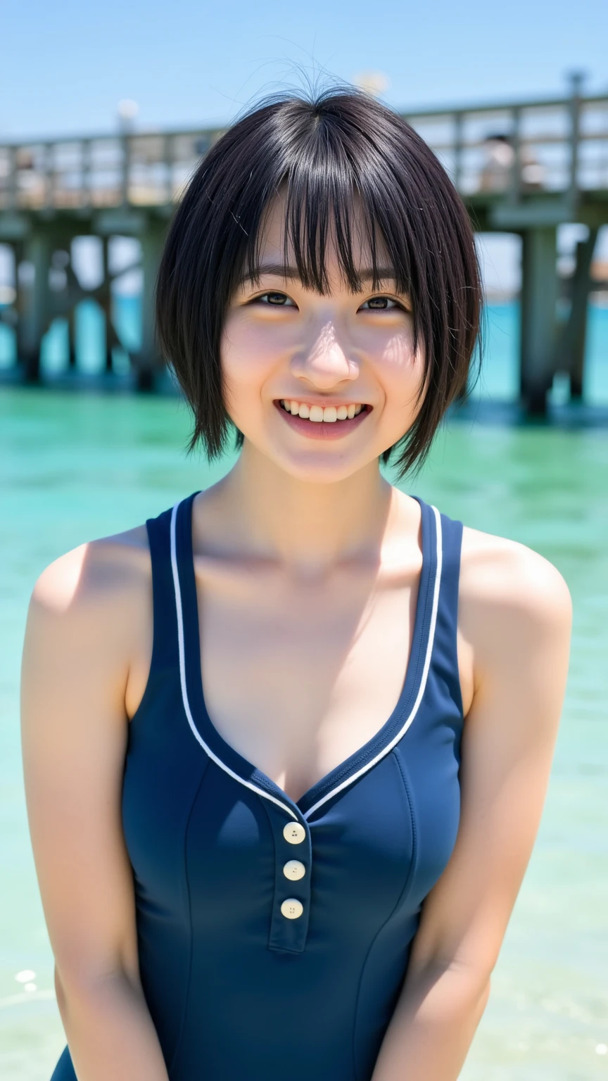 Slightly mature and cute high school girl, black hair, clean straight middle hair, clean bangs, navy blue one-piece swimsuit, inorganic Snow White background, standing straight facing the front, smiling, short height, natural skin texture, upper body showing From the crotch to the body shape and slightly large breasts