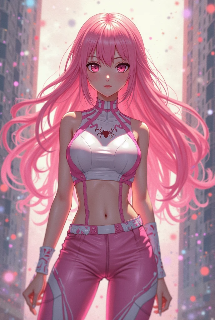 Fantastic shiny light pink yellow hair，neon,Pink and yellow with white clothes，The body is frontal、Upper body、simple clothes、Milky，The eyes are pink-yellow，It's a cute girl、swimsuit