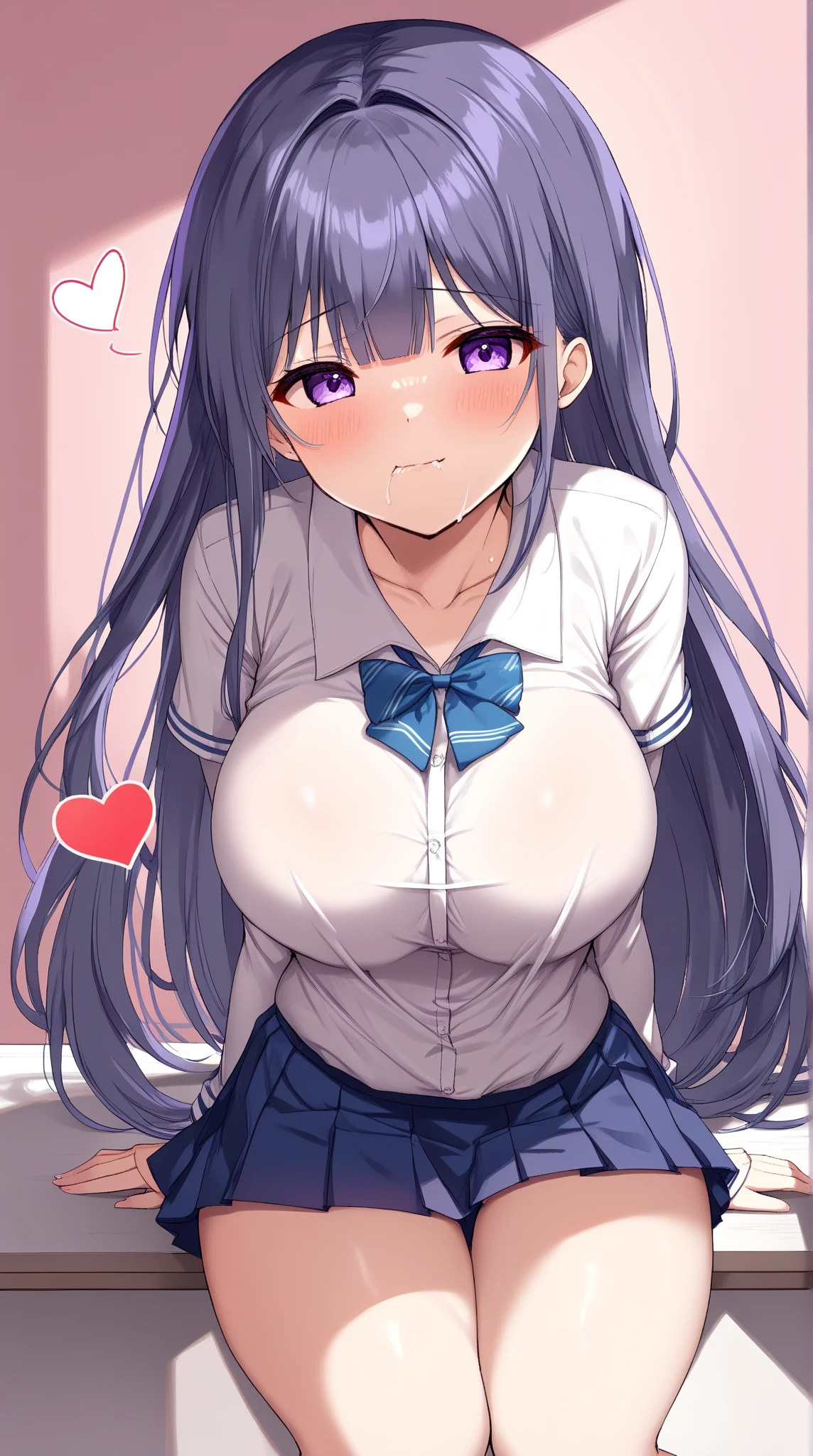 (masterpiece:1.2),(anime)、1 cute girl、((Full nudity))、Black Hair、Braided Pigtails、From the side、Huge breasts:1.4、Large sagging breasts、Very big ass、Kneeling, smile, Open your mouth,((Open your mouth and stick out your tongue、Drooling))、Hearts float、Ecstasy face、Sweat、A man grabs her from behind and rapes her、Back position、Sex、Shaking breasts、Intense movement