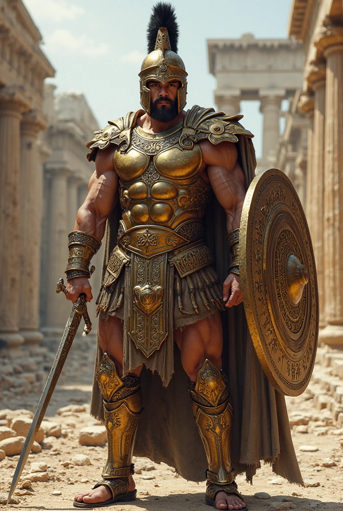 Steve Reeves como Conan, the Barbarian, cabelos longos, negros, serious eyes, corpo atletico, wearing a short tunic, wearing sandals, em uma arena, desarmado, about to face two Turanian gladiators armed with spears and swords,Steve Reeves, film composition photography, muito detalhada, extremely high resolution, cores profissionais, luz maravilhosa, luz do dia, 300k resolution, altamente realista, muitos detalhes.