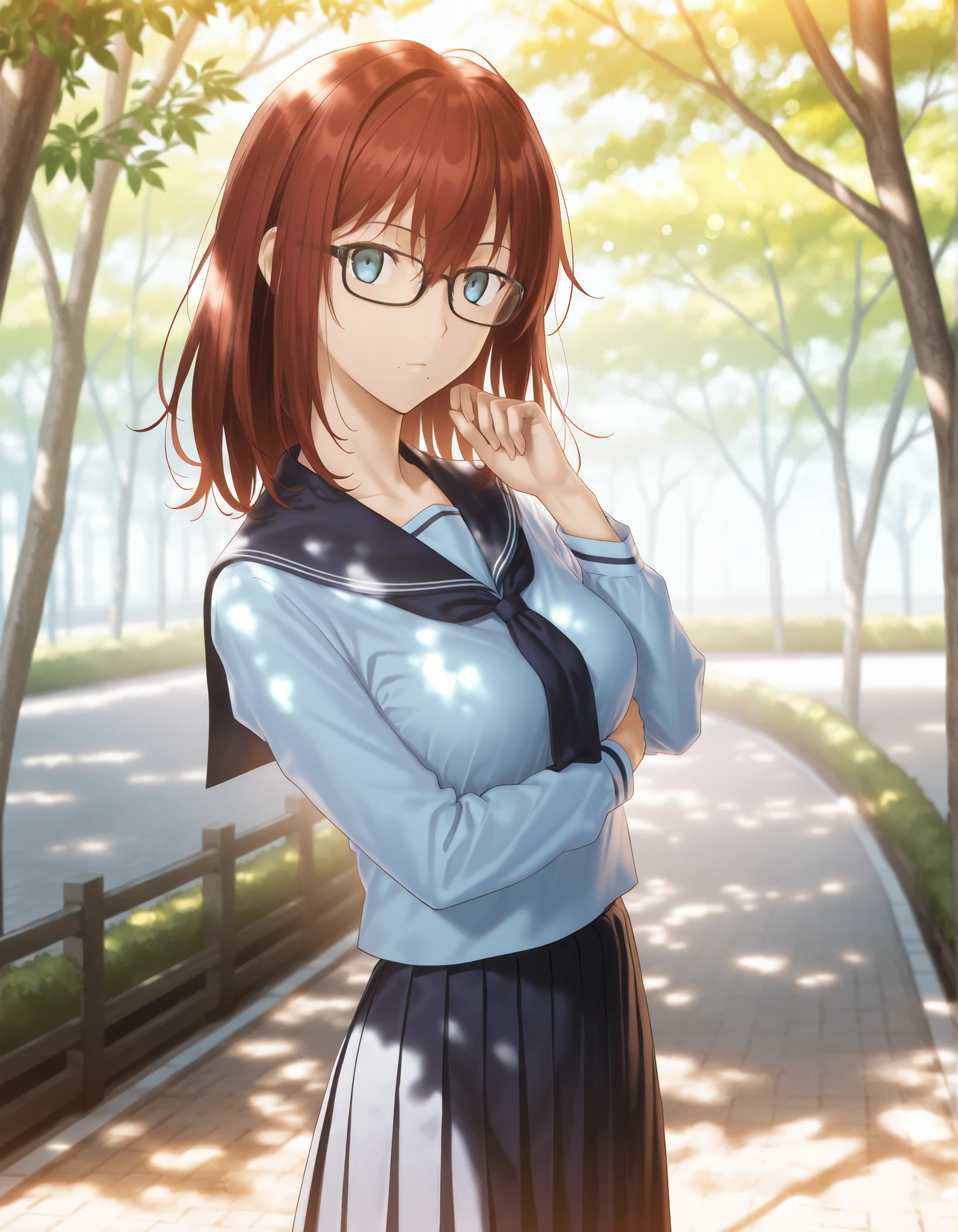 masterpiece, , absurdres, highres, detailed background, high resolution, masterpiece, necessary, detail, best quality, quality, necessary, details, High details, Precise, outdoors, (dappled sunlight), day, lens flare, blurry background, from above, solo, ,
1girl, , (type-moon,) style, koyama hirokazu style, ,, shiny skin, mole under mouth, thinking, (head tilt),
tall girl, mature, slim body, slender body, brown red hair, medium hair, light blue eyes, black frame glasses, ,small breasts, hair between eyes, dark blue sailor, ((blue seifuku)), , pleated skirt, long skirt, long dress , cowboy shot , ,,, looking at viewer,, (aged up:1.5), ,