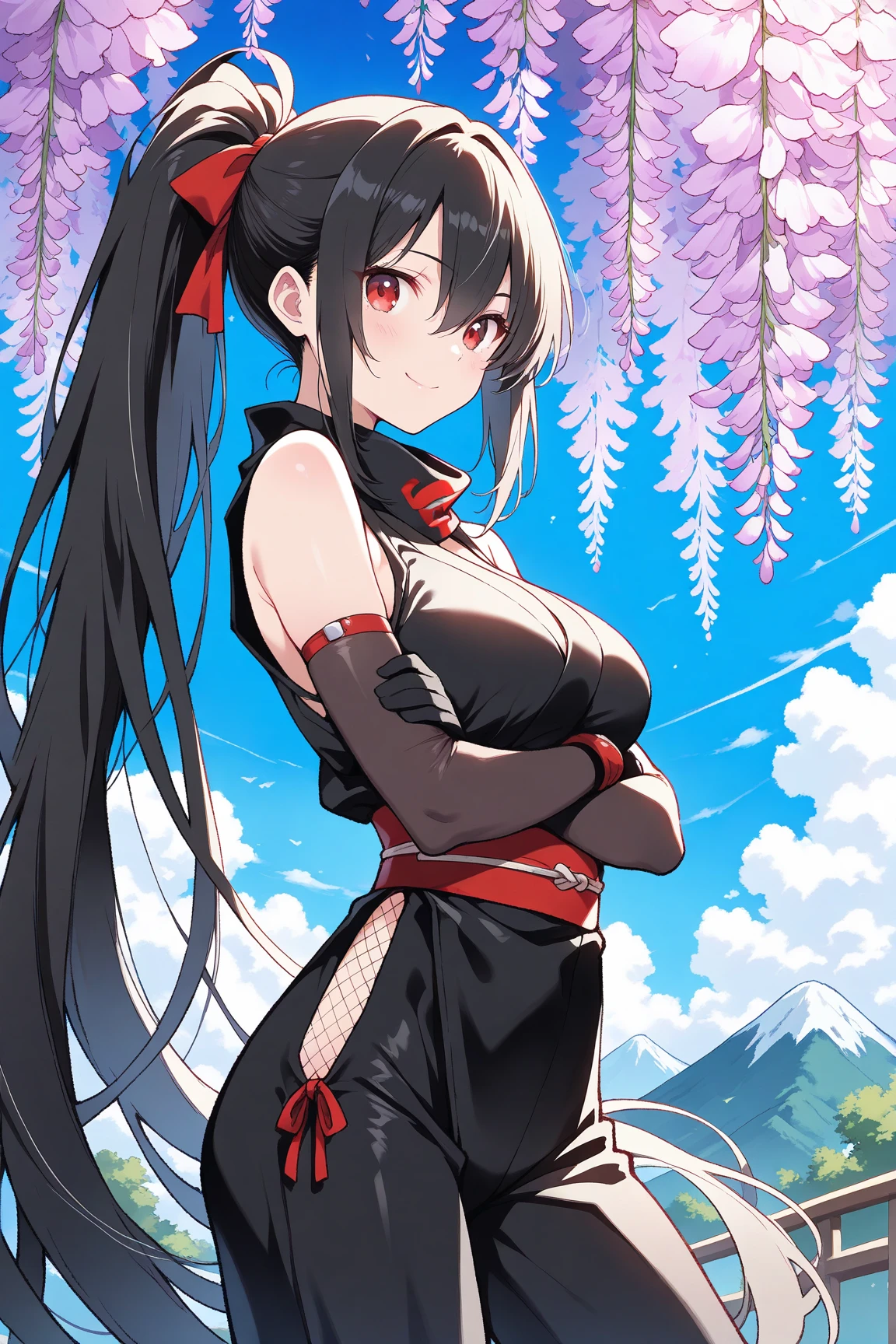 masterpiece, best quality, beautiful art, high resolution, well formed hands, body and fingers, 1 woman, solo, Tyris Flare adult, grown up,  big breasted, cleavage, full body, wearing a Iroha Samurai Shodown outfit, hair ornament, gorgeous legs and thighs, black stockings, maid, sexy Japanese clothes, pelvic curtain, leotard peeking, dancing seductively and erotically, turning backwards and forwards , showing her back and front, showing her butt, t back, smiling joyfully, looking at the viewer, flirting, beach environment , biting her lips 