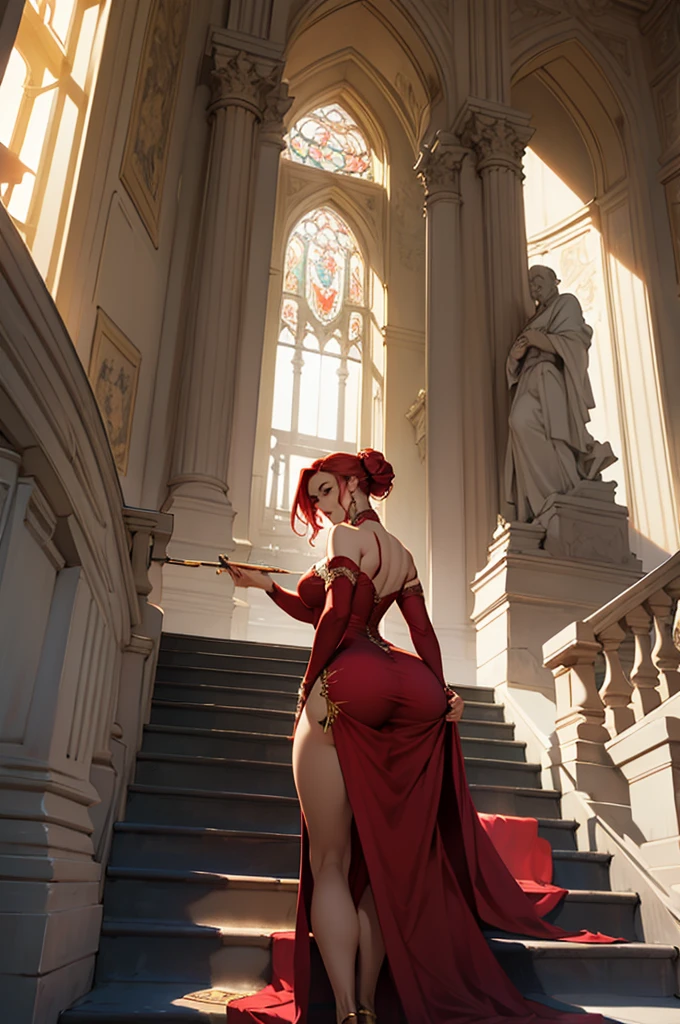 JessicaWaifu, ((red hair, bangs, glowing green eyes, lipstick, makeup, narrow waist, skinny, medium breasts, alone, jewelry, earrings)), pelvic curtain, ((red dress,wedding dress, Scooped up the ass, gloves)), full body, perfect body, (insanely detailed, beautiful detailed face, masterpiece, best quality) , (((solo))), (((1girl))), (((mature))), (extremely detailed 8k paper CG wall unit: 1.1), (wedding, castle, church, dusk), (smile face for the viewer), from behind