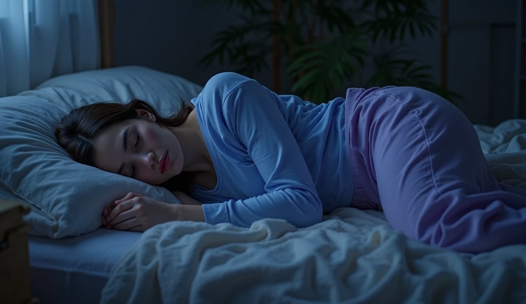 best quality, masterpiece, black hair, blue eyes, looking up, upper body, woman, sleeping, covered under bed sheets