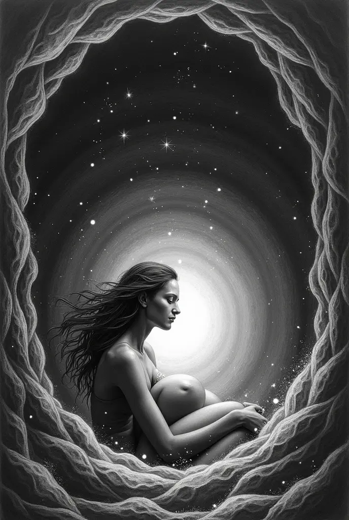 obra maestra, Mejor calidad, perinatal regression, Viaje astral, luminous silhouette of a soul body floating in a cosmic landscape, primordial ocean, intergalactic void